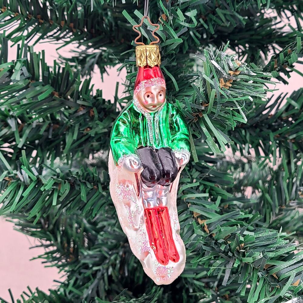 Inge-Glas Old World Christmas Ornament Alpine Skier Hand Made Germany Glass 5"